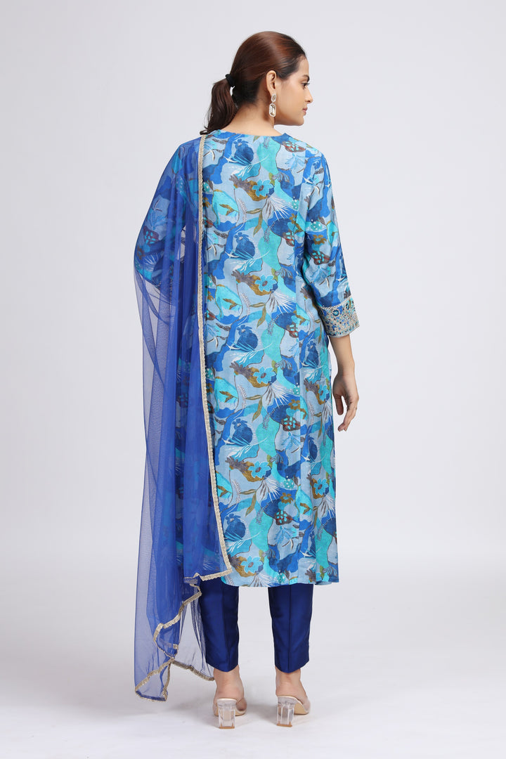 Blue Muslin Viscose Embroidered Straight Kurta Pant and Dupatta Suit Set