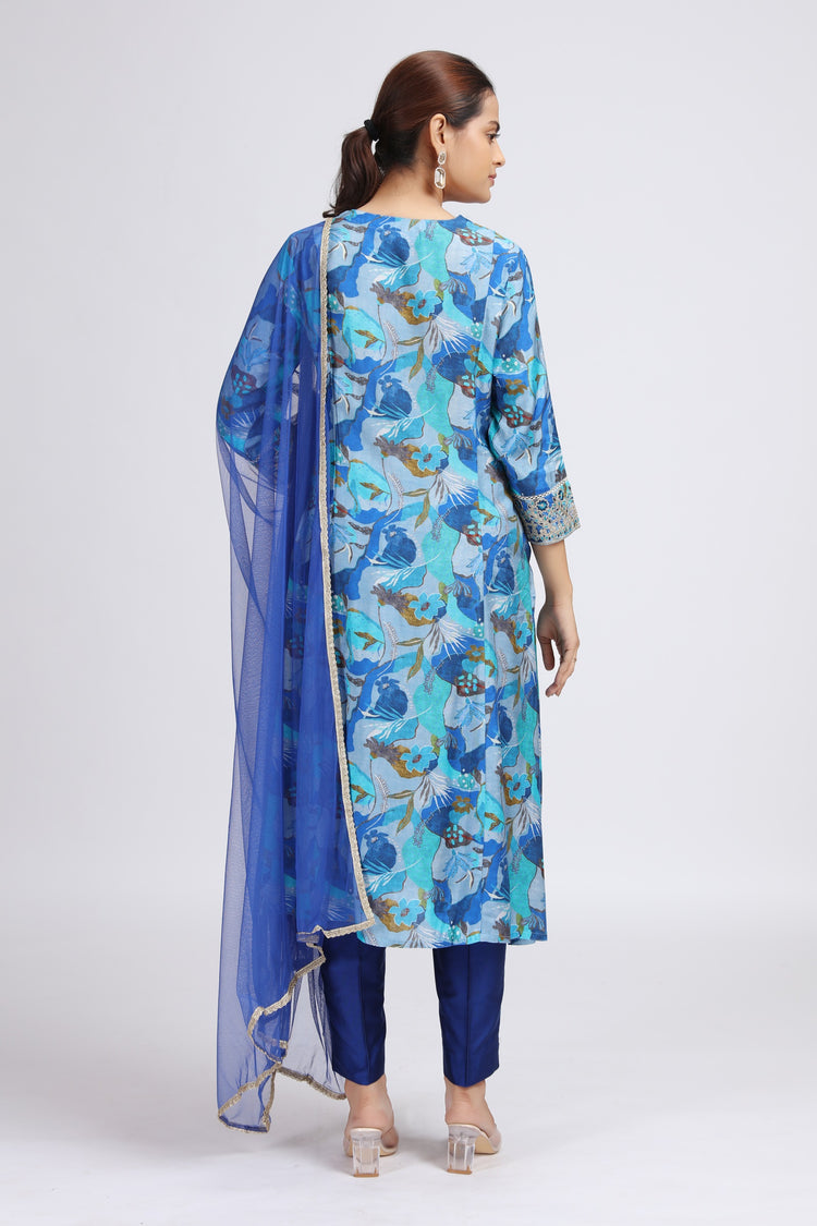 Blue Muslin Viscose Embroidered Straight Kurta Pant and Dupatta Suit Set