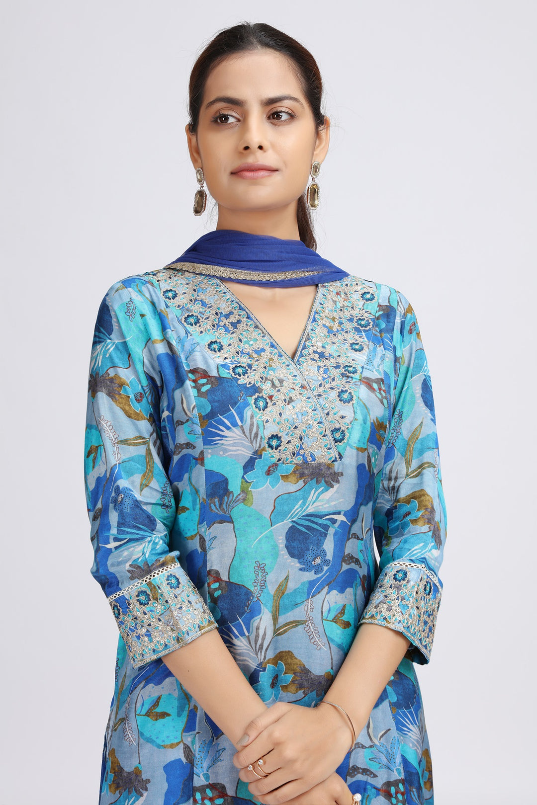 Blue Muslin Viscose Embroidered Straight Kurta Pant and Dupatta Suit Set