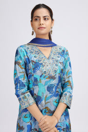 Blue Muslin Viscose Embroidered Straight Kurta Pant and Dupatta Suit Set