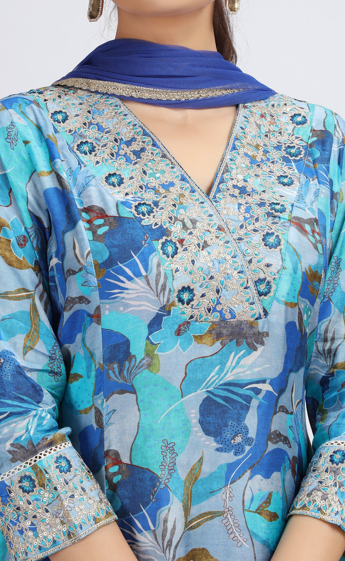 Blue Muslin Viscose Embroidered Straight Kurta Pant and Dupatta Suit Set