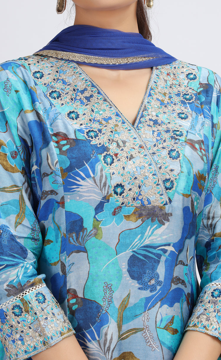 Blue Muslin Viscose Embroidered Straight Kurta Pant and Dupatta Suit Set