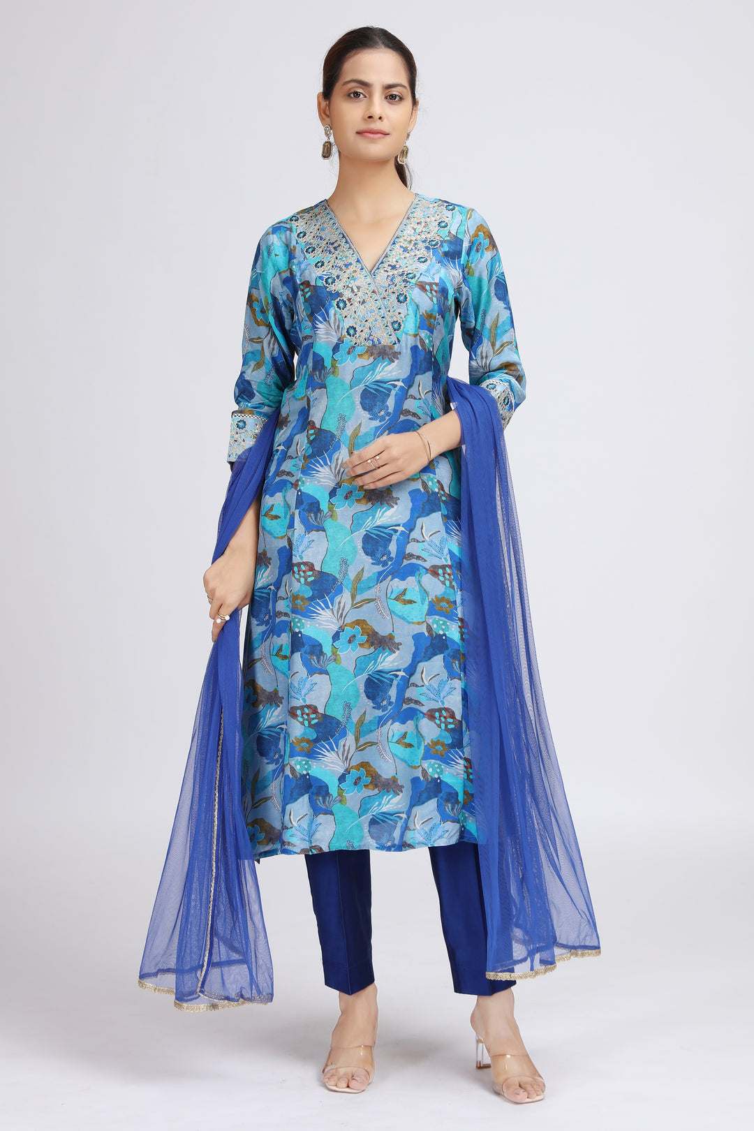 Blue Muslin Viscose Embroidered Straight Kurta Pant and Dupatta Suit Set