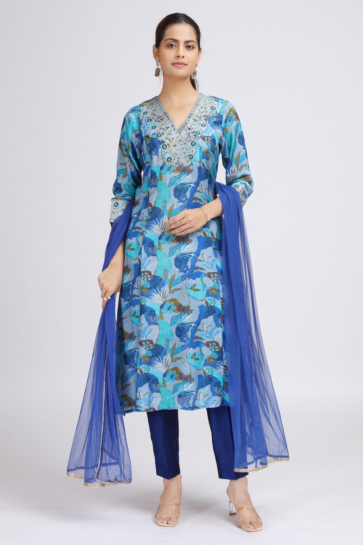 Blue Muslin Viscose Embroidered Straight Kurta Pant and Dupatta Suit Set