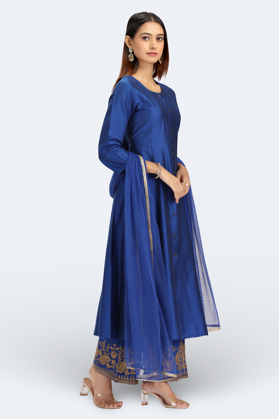 Blue PolySilk Embroidered A Line Kurta Pant and Dupatta Suit Set