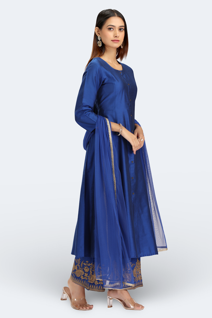 Blue PolySilk Embroidered A Line Kurta Pant and Dupatta Suit Set