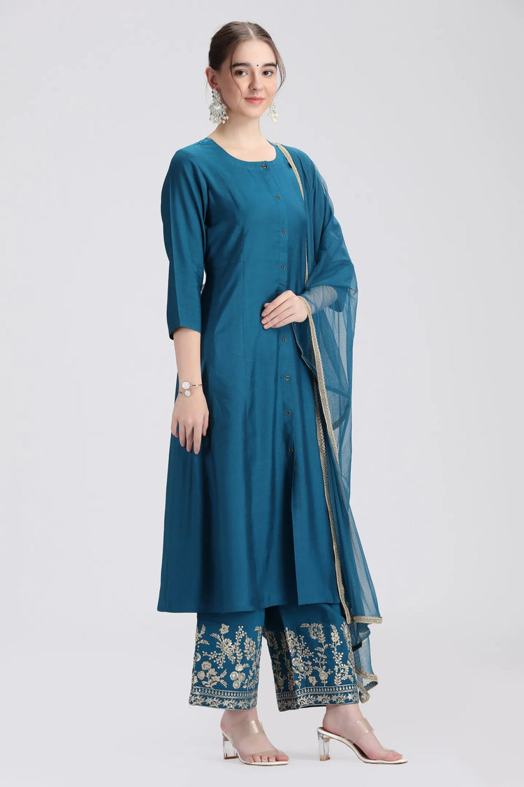 Royal Blue PolySilk Embroidered A Line Kurta Pant and Dupatta Suit Set