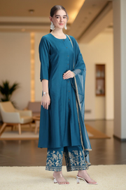 Royal Blue PolySilk Embroidered A Line Kurta Pant and Dupatta Suit Set