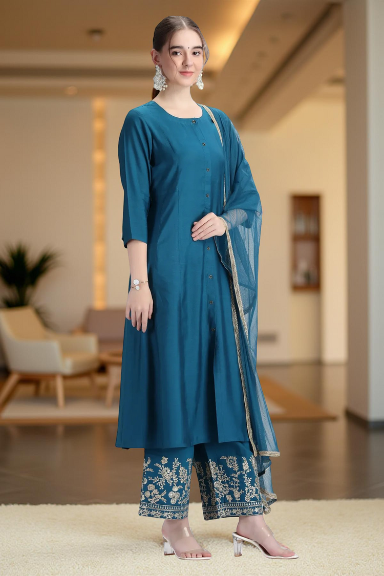 Royal Blue PolySilk Embroidered A Line Kurta Pant and Dupatta Suit Set