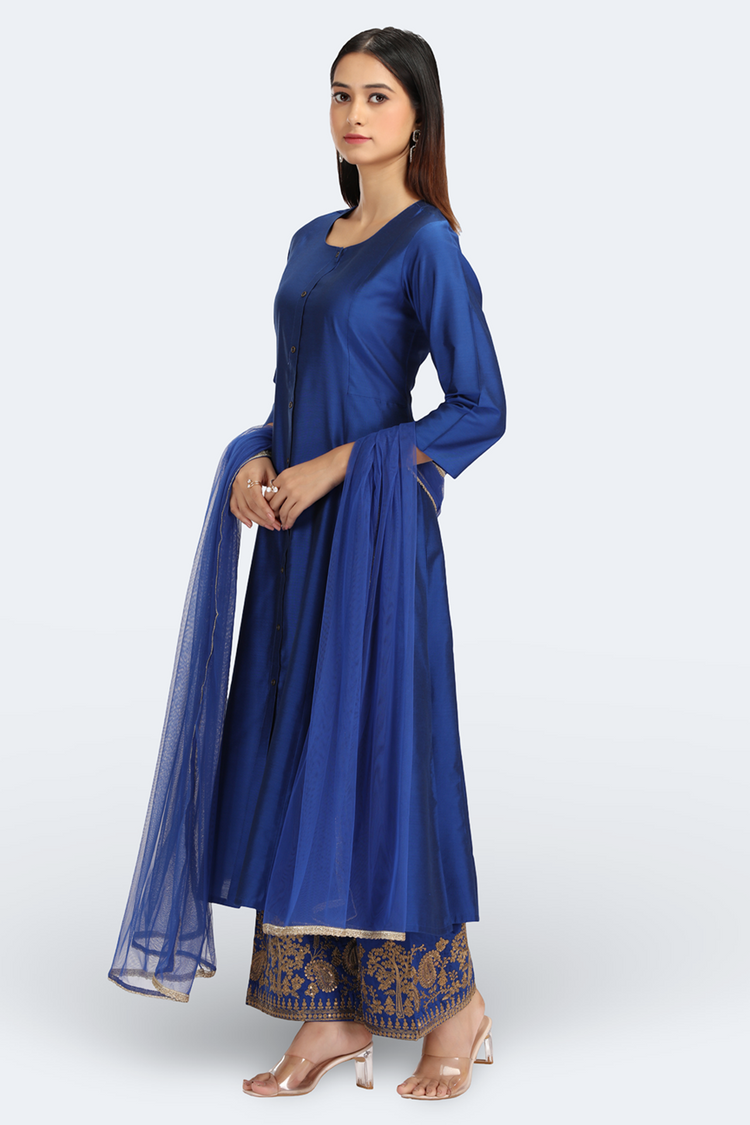 Blue PolySilk Embroidered A Line Kurta Pant and Dupatta Suit Set