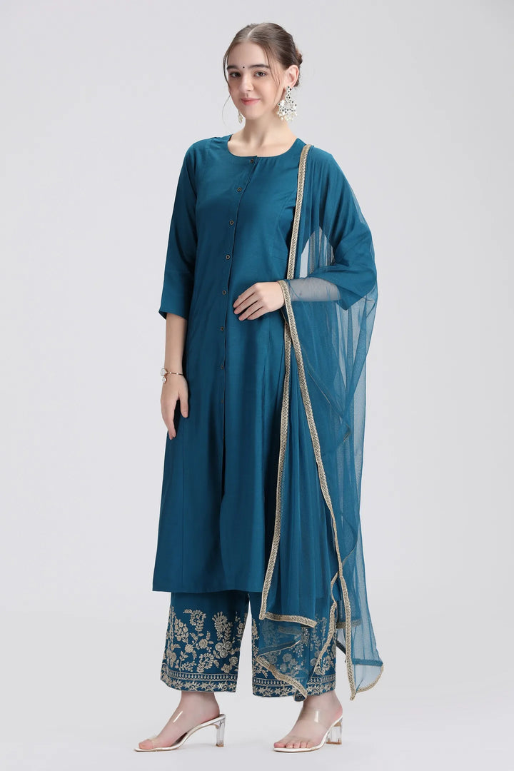 Royal Blue PolySilk Embroidered A Line Kurta Pant and Dupatta Suit Set