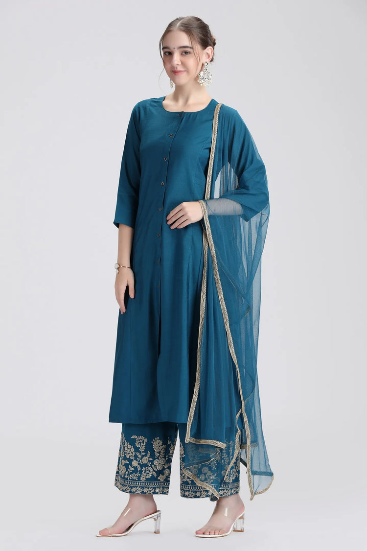 Royal Blue PolySilk Embroidered A Line Kurta Pant and Dupatta Suit Set