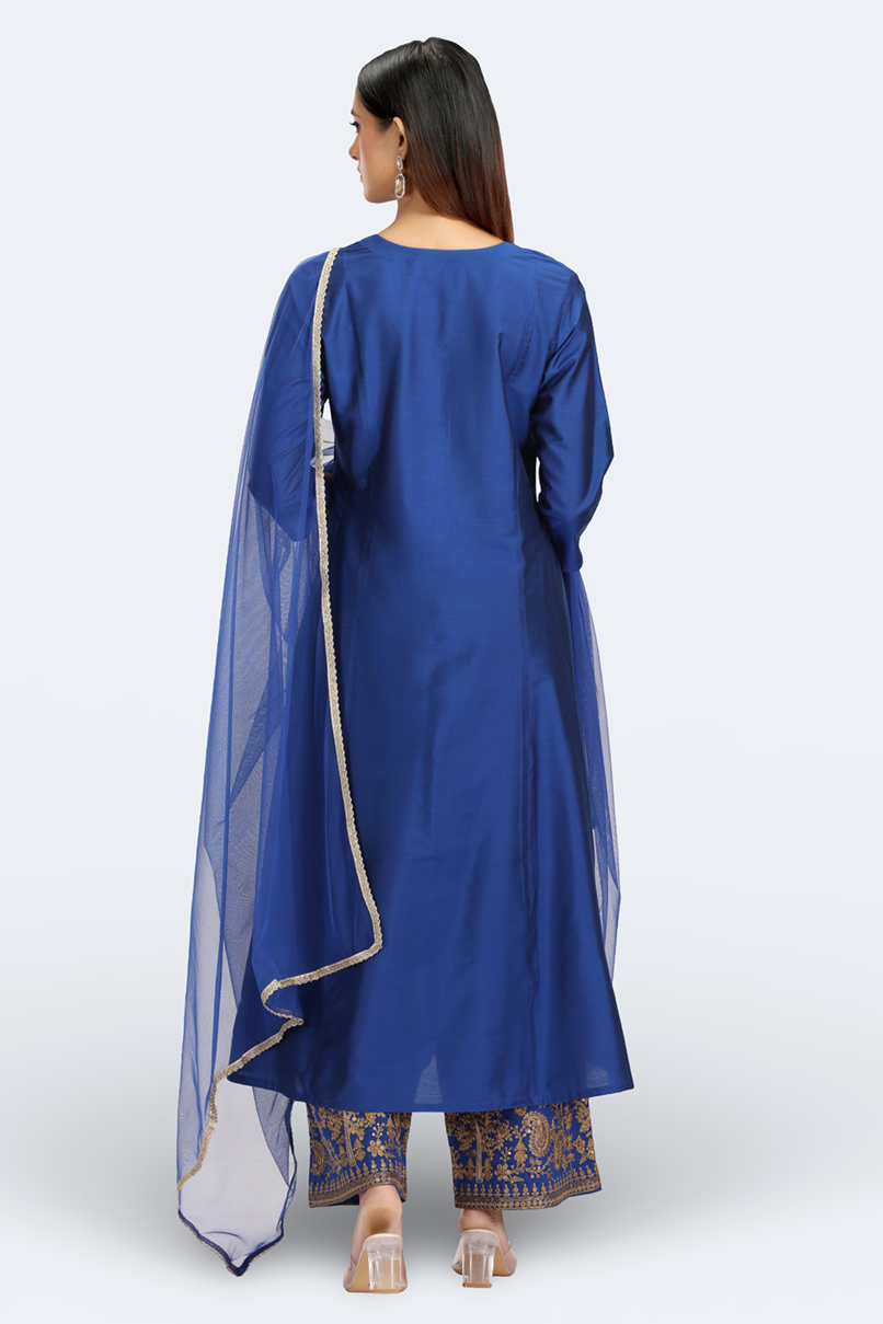 Blue PolySilk Embroidered A Line Kurta Pant and Dupatta Suit Set