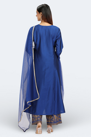 Blue PolySilk Embroidered A Line Kurta Pant and Dupatta Suit Set