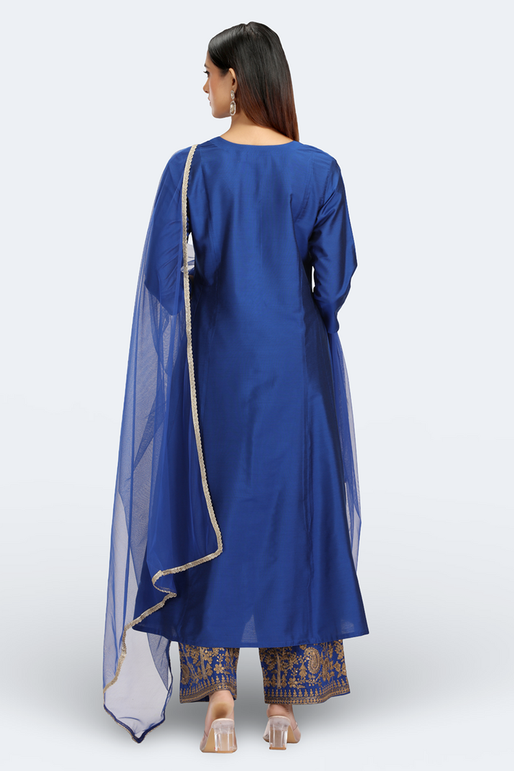 Blue PolySilk Embroidered A Line Kurta Pant and Dupatta Suit Set