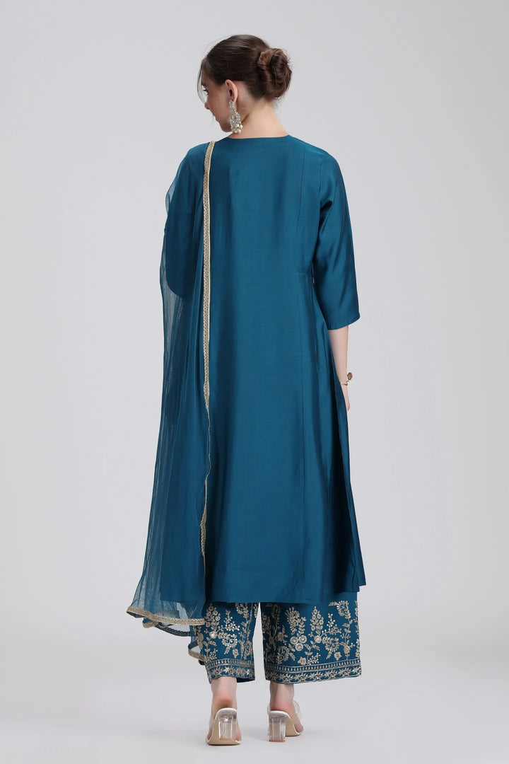 Royal Blue PolySilk Embroidered A Line Kurta Pant and Dupatta Suit Set