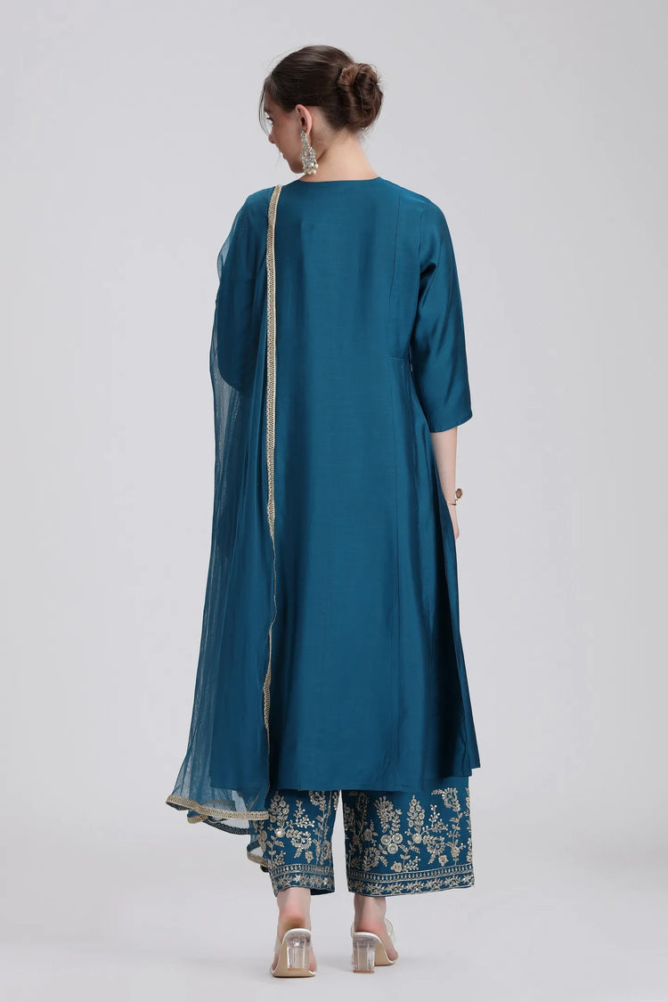 Royal Blue PolySilk Embroidered A Line Kurta Pant and Dupatta Suit Set