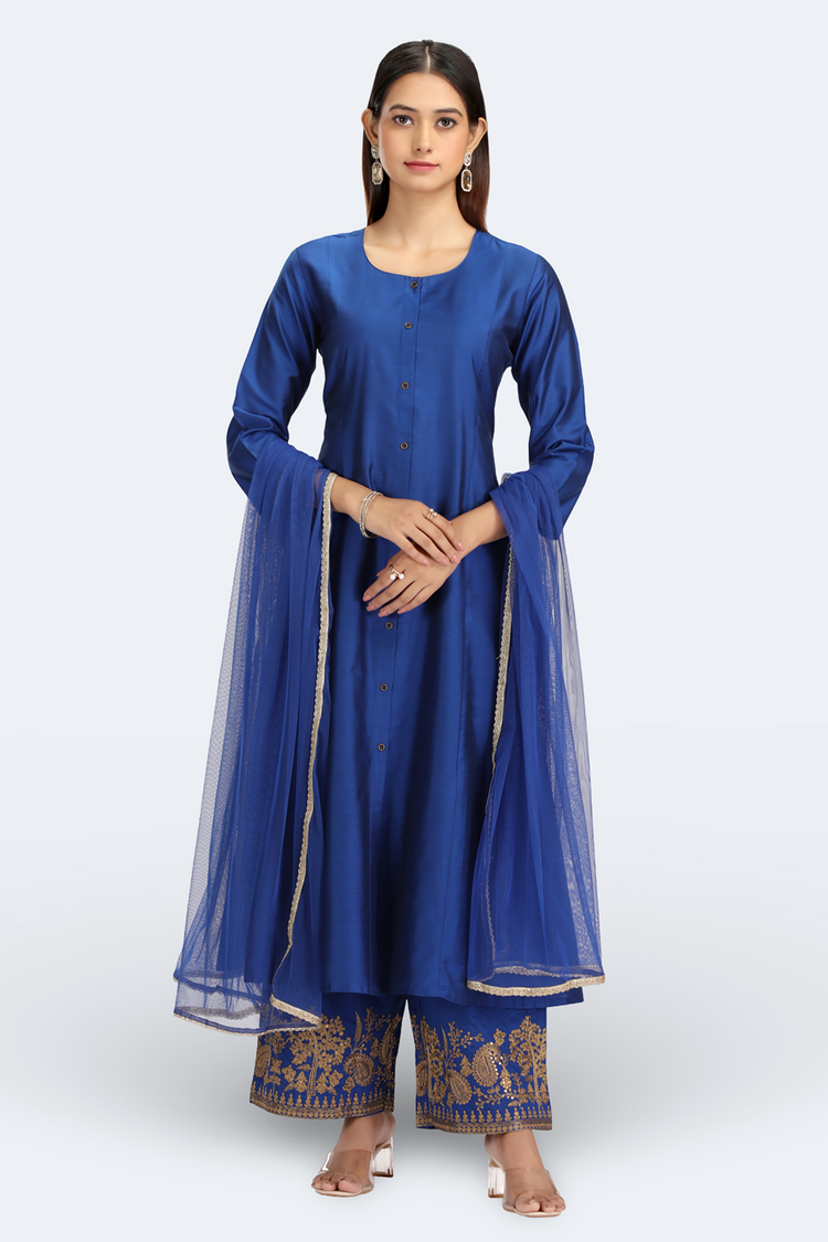 Blue PolySilk Embroidered A Line Kurta Pant and Dupatta Suit Set