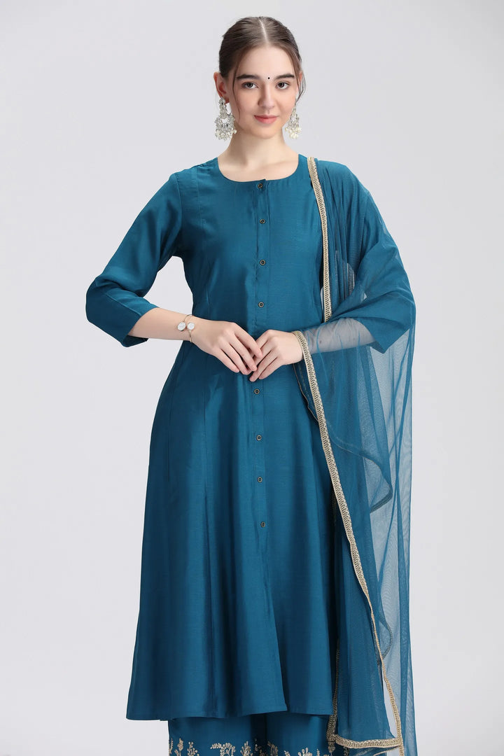 Royal Blue PolySilk Embroidered A Line Kurta Pant and Dupatta Suit Set