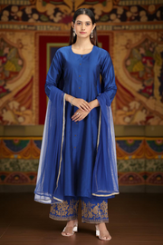 Blue PolySilk Embroidered A Line Kurta Pant and Dupatta Suit Set