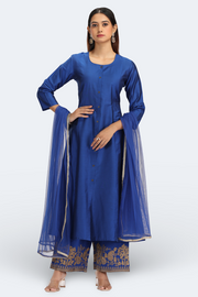 Blue PolySilk Embroidered A Line Kurta Pant and Dupatta Suit Set