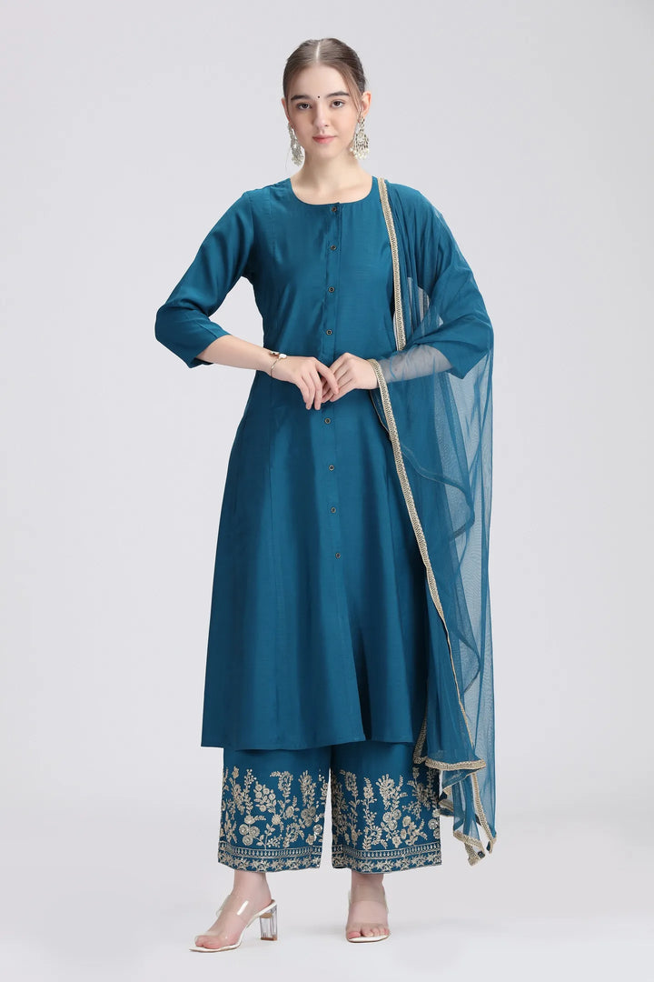 Royal Blue PolySilk Embroidered A Line Kurta Pant and Dupatta Suit Set