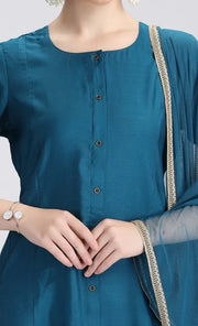 Royal Blue PolySilk Embroidered A Line Kurta Pant and Dupatta Suit Set