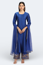 Blue PolySilk Embroidered A Line Kurta Pant and Dupatta Suit Set
