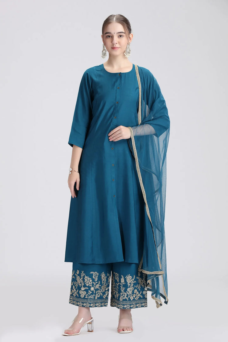 Royal Blue PolySilk Embroidered A Line Kurta Pant and Dupatta Suit Set
