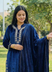 Blue Velvet Embroidered Straight Ethnic Set