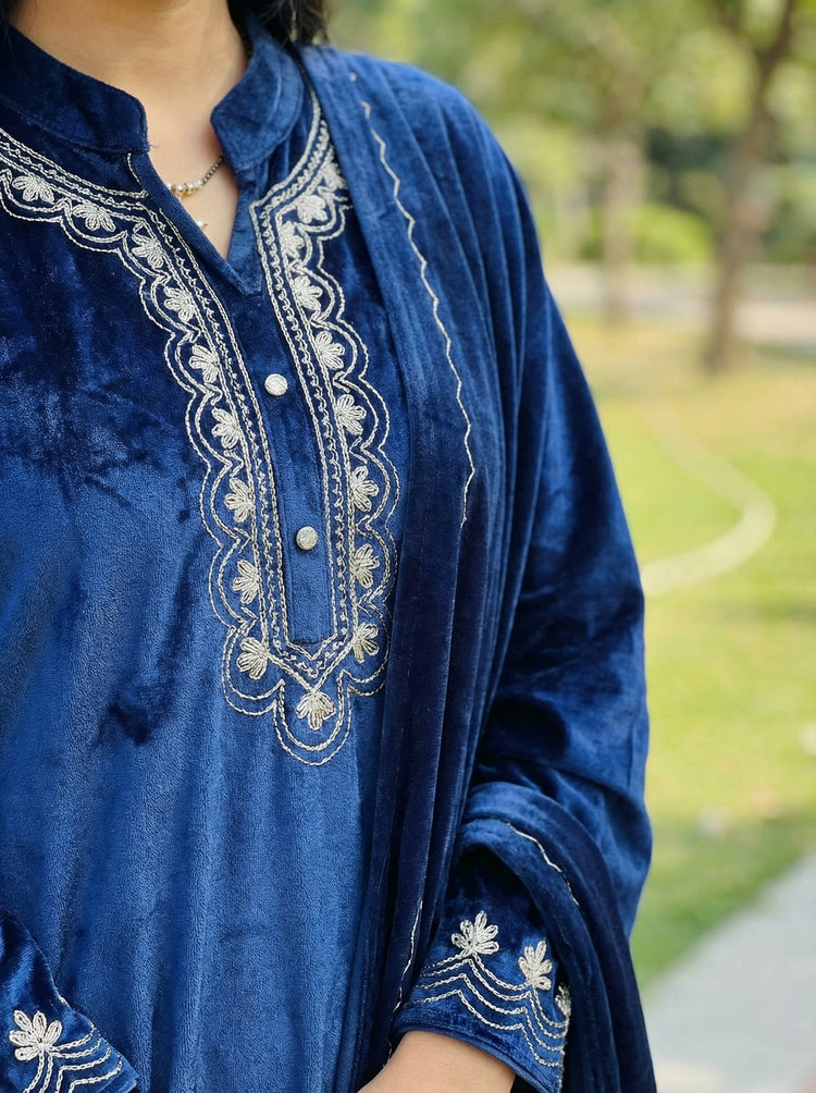 Blue Velvet Embroidered Straight Ethnic Set