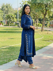 Blue Velvet Embroidered Straight Ethnic Set