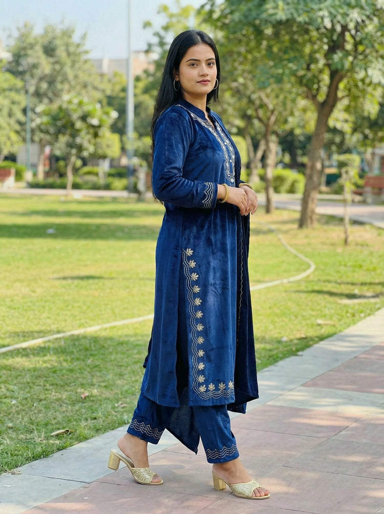 Blue Velvet Embroidered Straight Ethnic Set