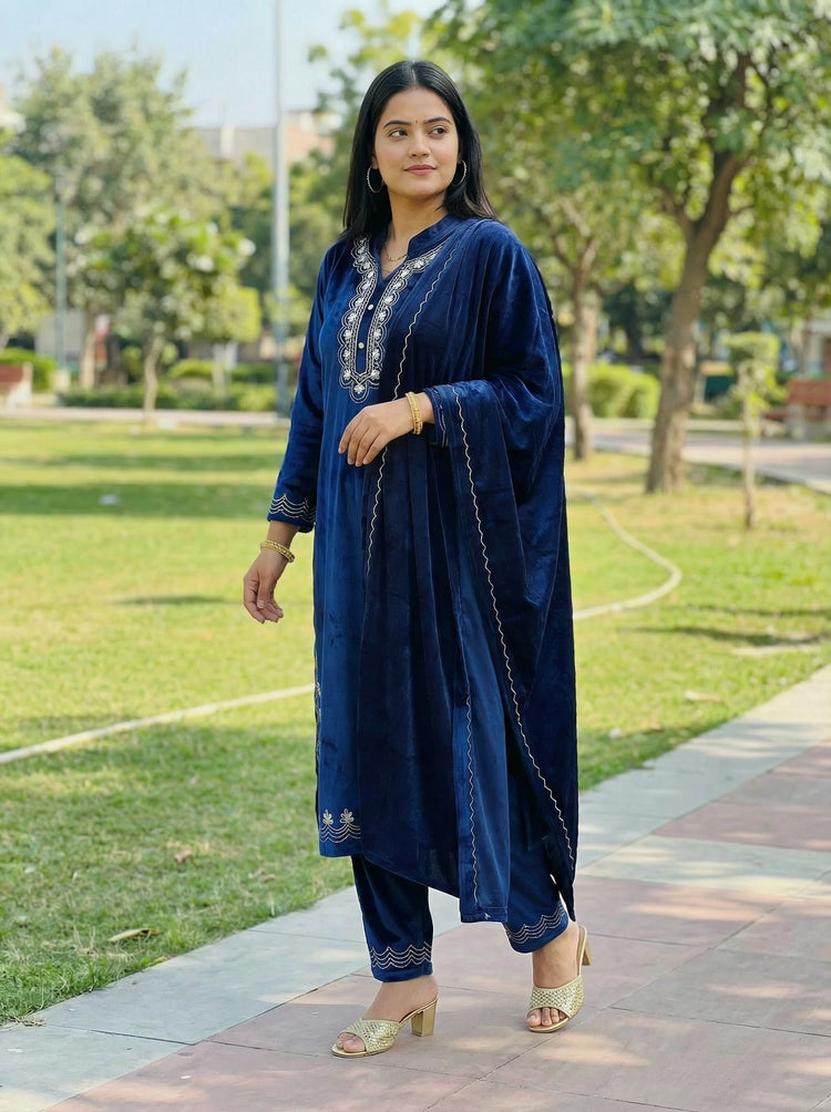 Blue Velvet Embroidered Straight Ethnic Set