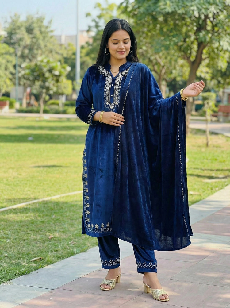 Blue Velvet Embroidered Straight Ethnic Set