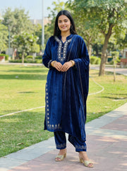 Blue Velvet Embroidered Straight Ethnic Set