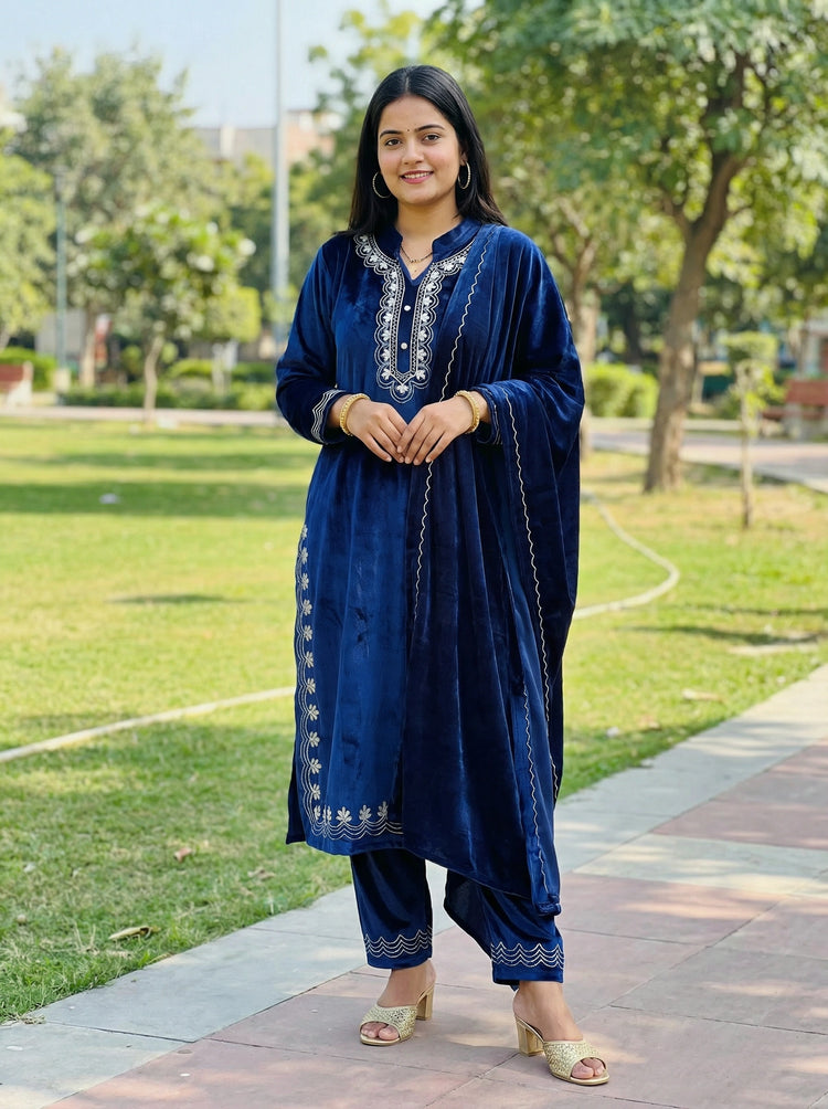 Blue Velvet Embroidered Straight Ethnic Set