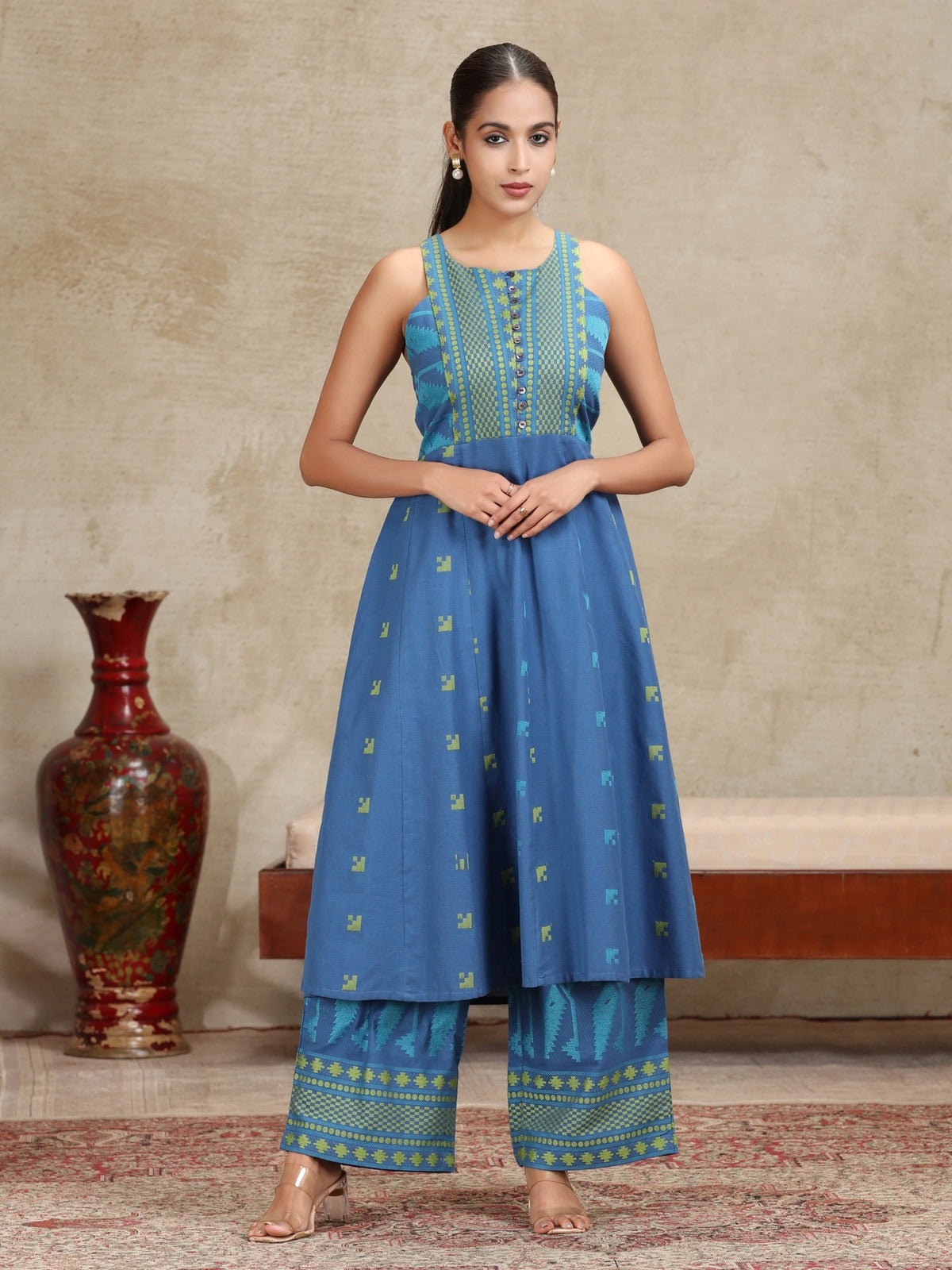 Blue Yarndyed Fit and Flare Co-ord Set