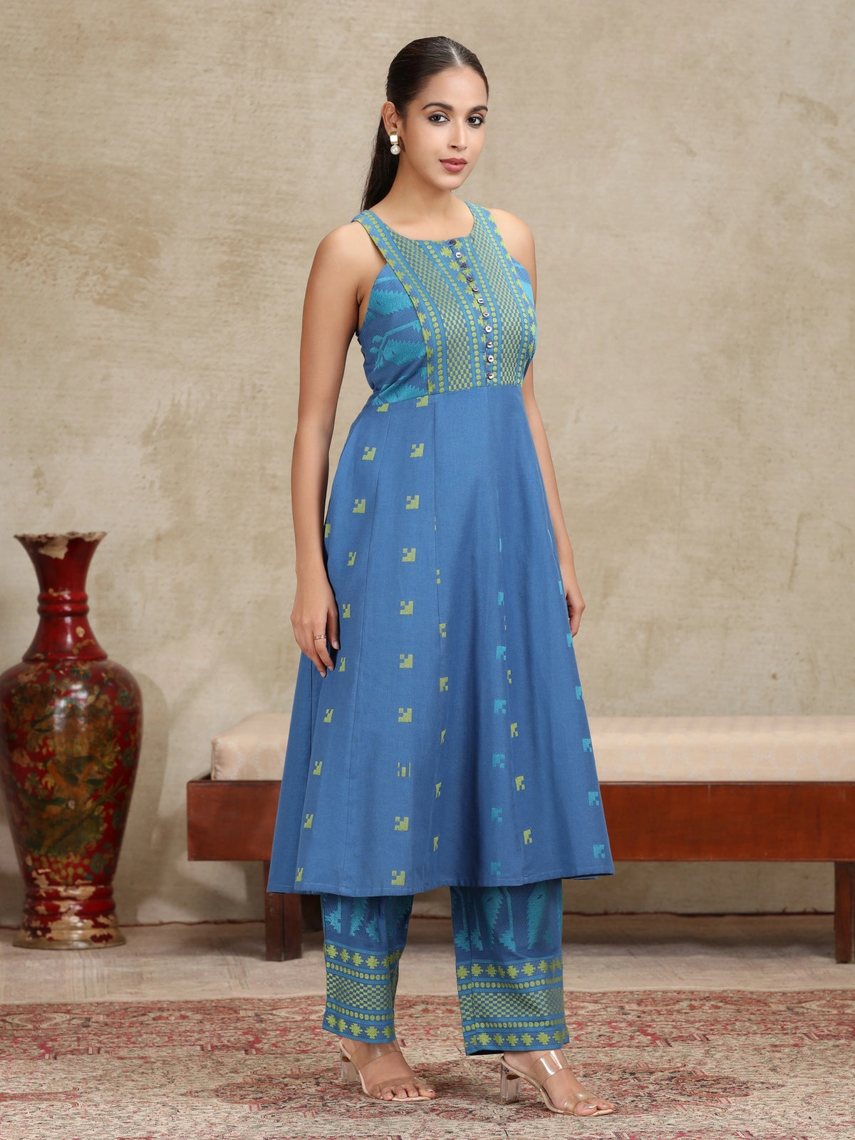 Blue Yarndyed Fit and Flare Co-ord Set