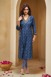 Blue Roman Silk Straight Embroidered Kurta