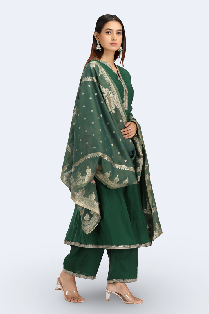 Bottle Green Chanderi Embroidered A Line Kurta Pant and Dupatta Suit Set