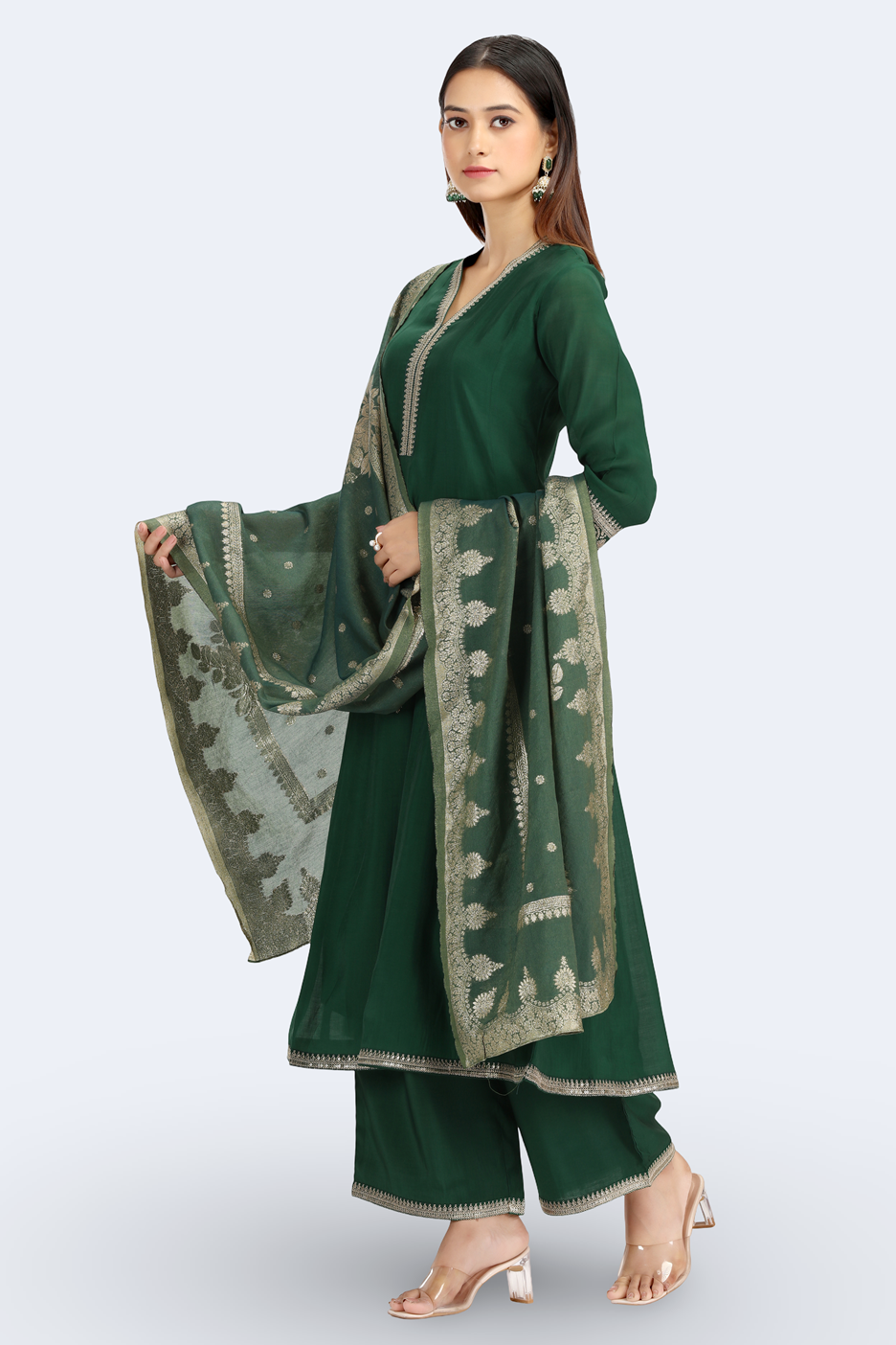 Bottle Green Chanderi Embroidered A Line Kurta Pant and Dupatta Suit Set