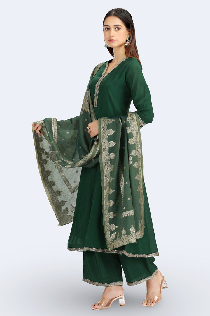 Bottle Green Chanderi Embroidered A Line Kurta Pant and Dupatta Suit Set