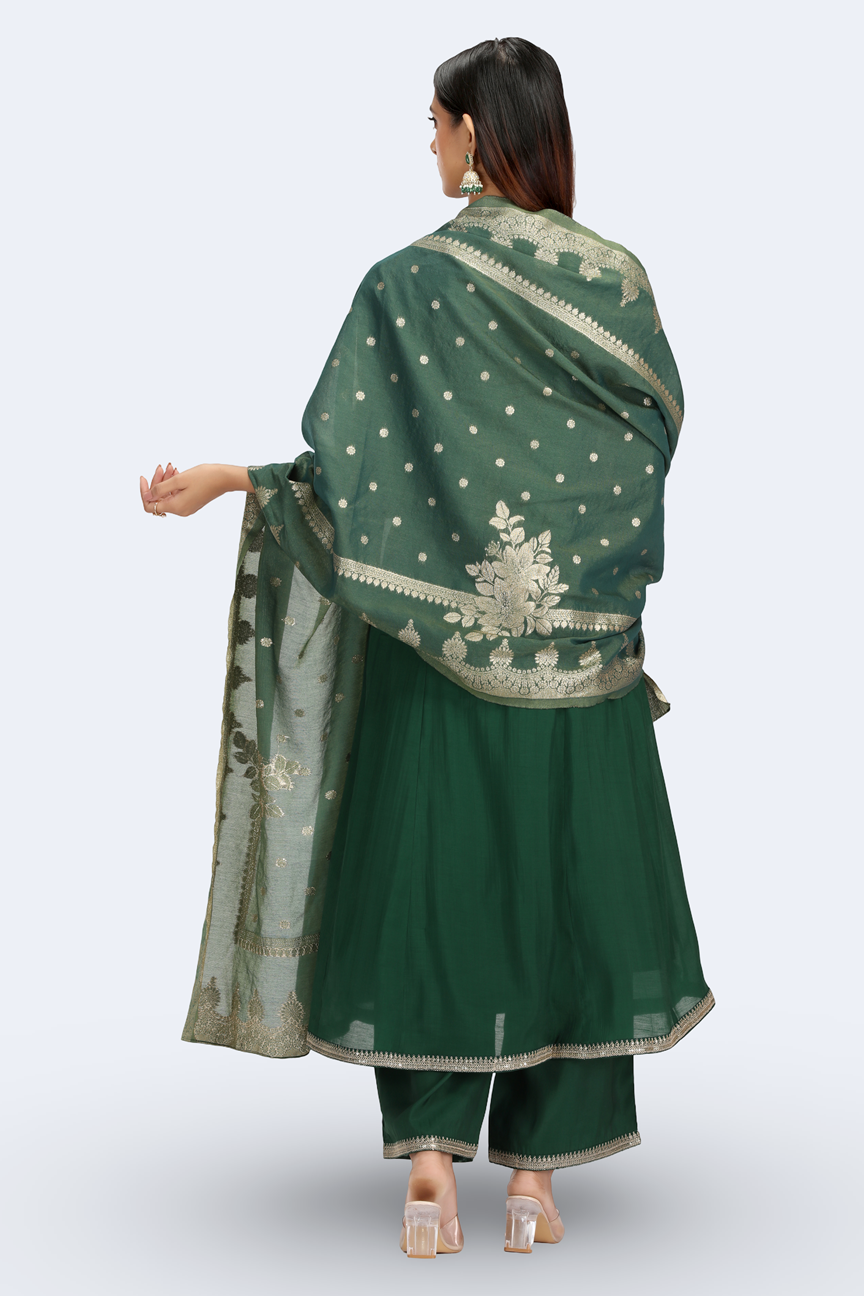 Bottle Green Chanderi Embroidered A Line Kurta Pant and Dupatta Suit Set