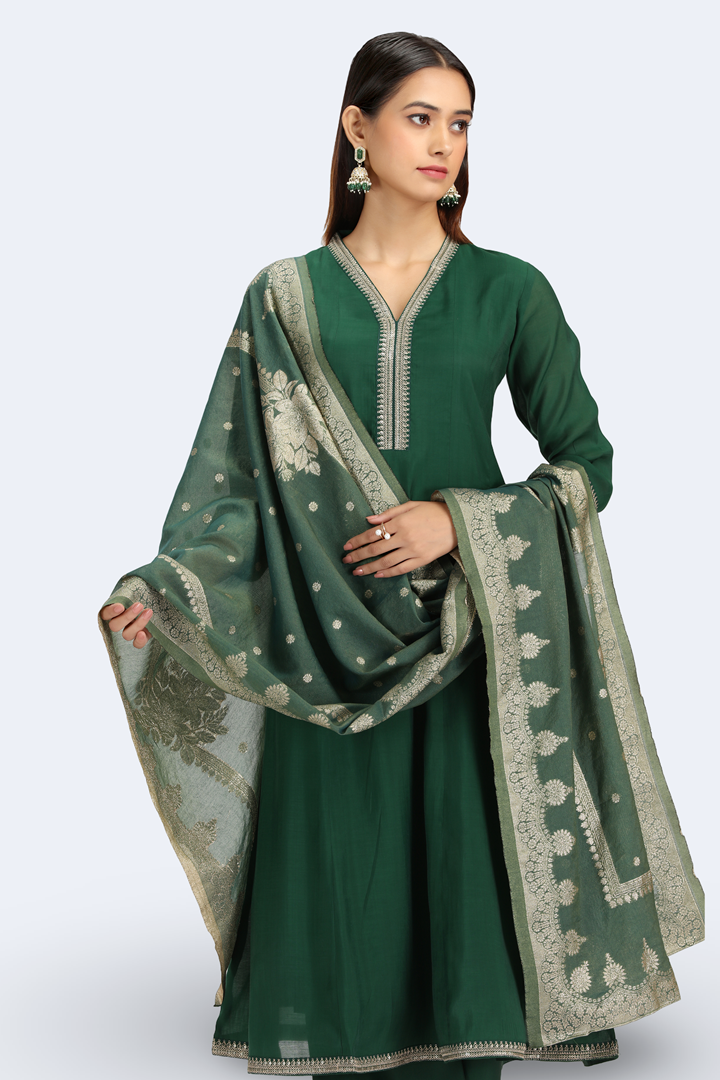 Bottle Green Chanderi Embroidered A Line Kurta Pant and Dupatta Suit Set