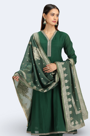 Bottle Green Chanderi Embroidered A Line Kurta Pant and Dupatta Suit Set