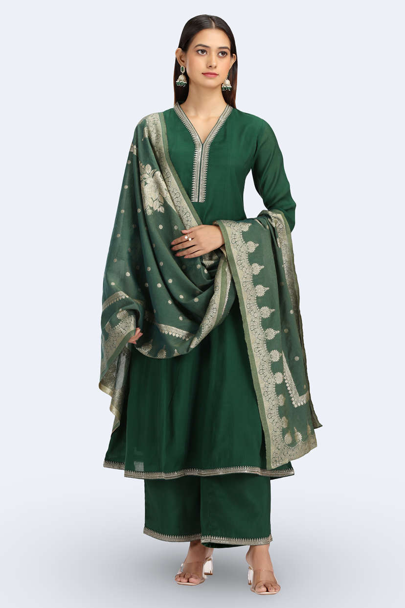 Bottle Green Chanderi Embroidered A Line Kurta Pant and Dupatta Suit Set