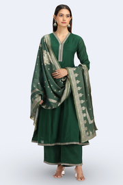 Bottle Green Chanderi Embroidered A Line Kurta Pant and Dupatta Suit Set