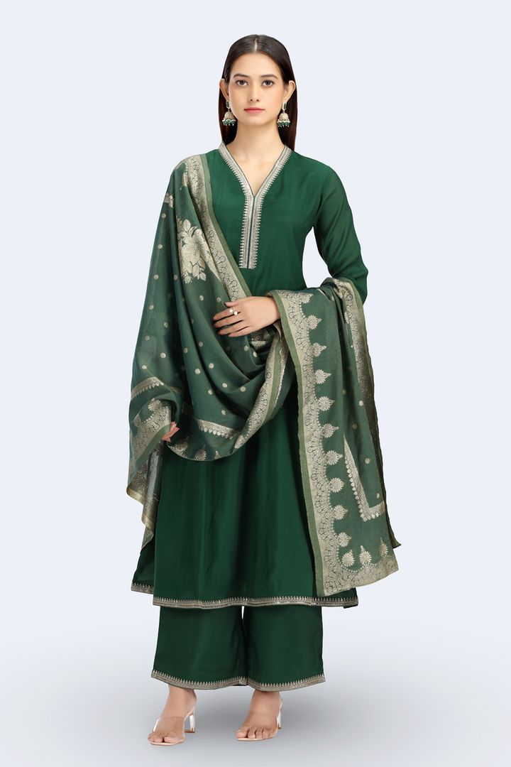 Bottle Green Chanderi Embroidered A Line Kurta Pant and Dupatta Suit Set