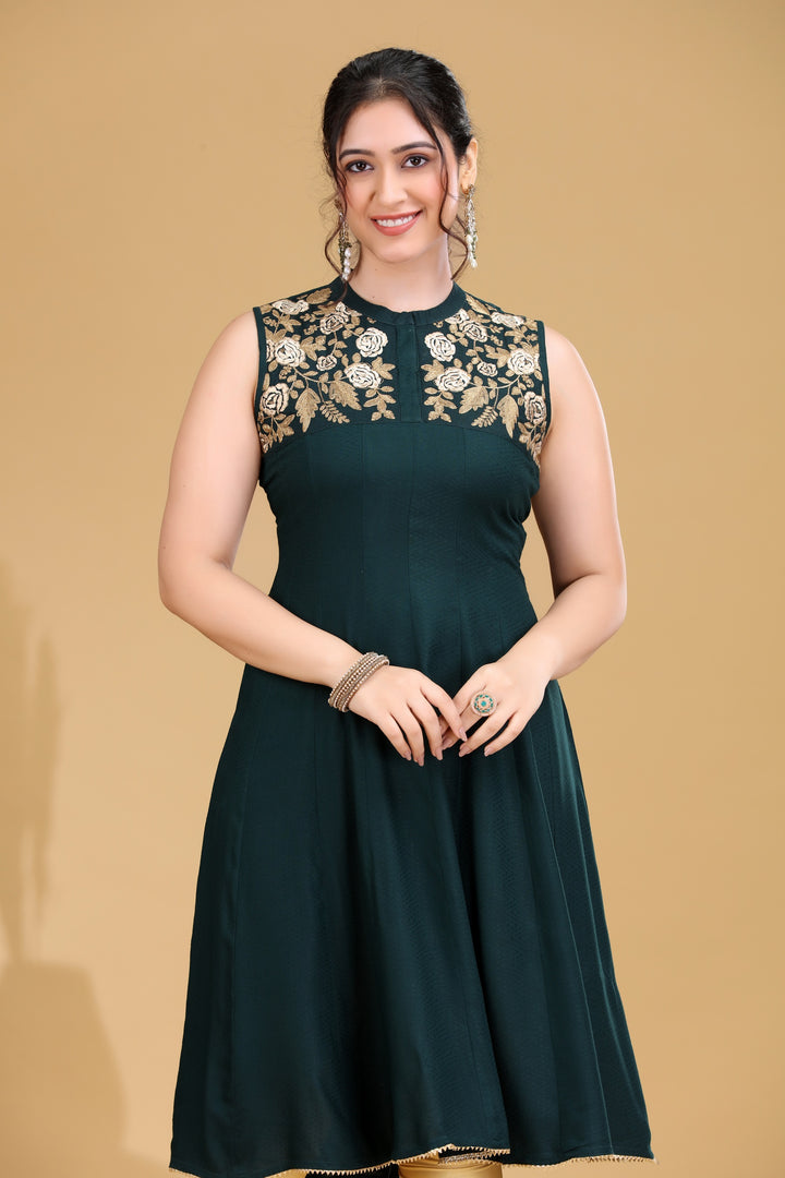 Bottle Green Embroidered A-Line Dress
